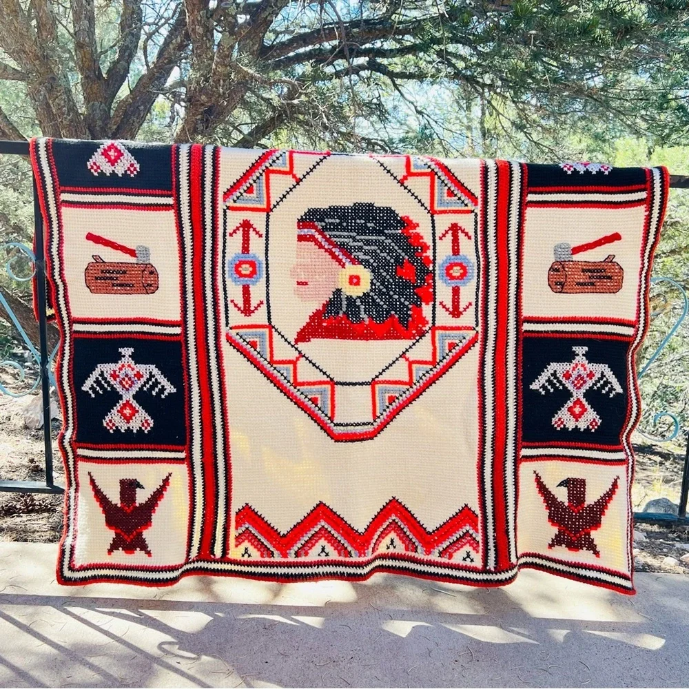 VINTAGE NATIVE AMERICAN PATCHWORK KITSCHY 60’s CROCHET THROW BLANKET